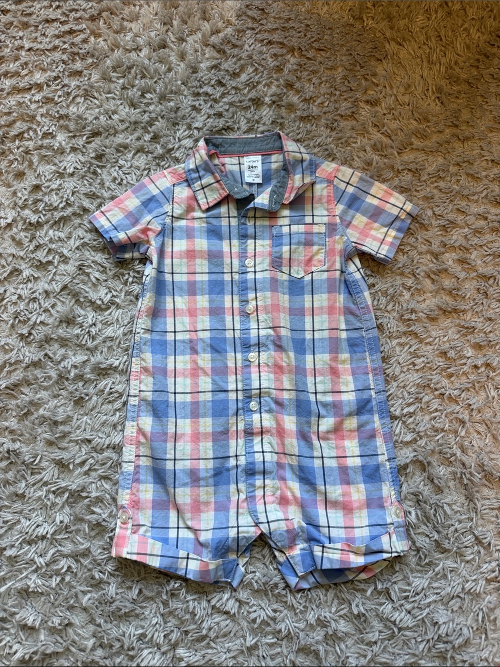 Carter's Plaid Shortall in Blue, Pink & Cream